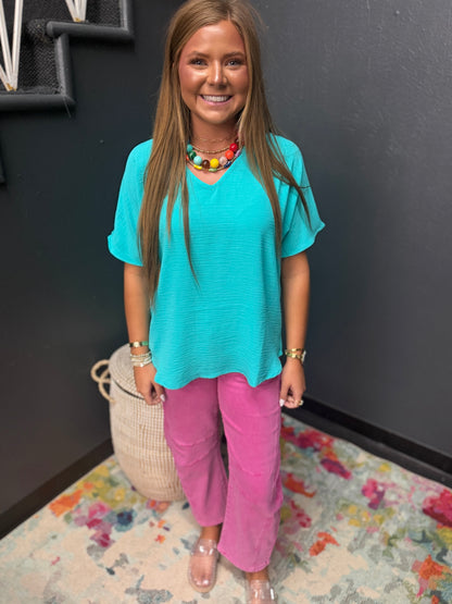 Turquoise Woven Airflow V-neck Short Sleeve Top
