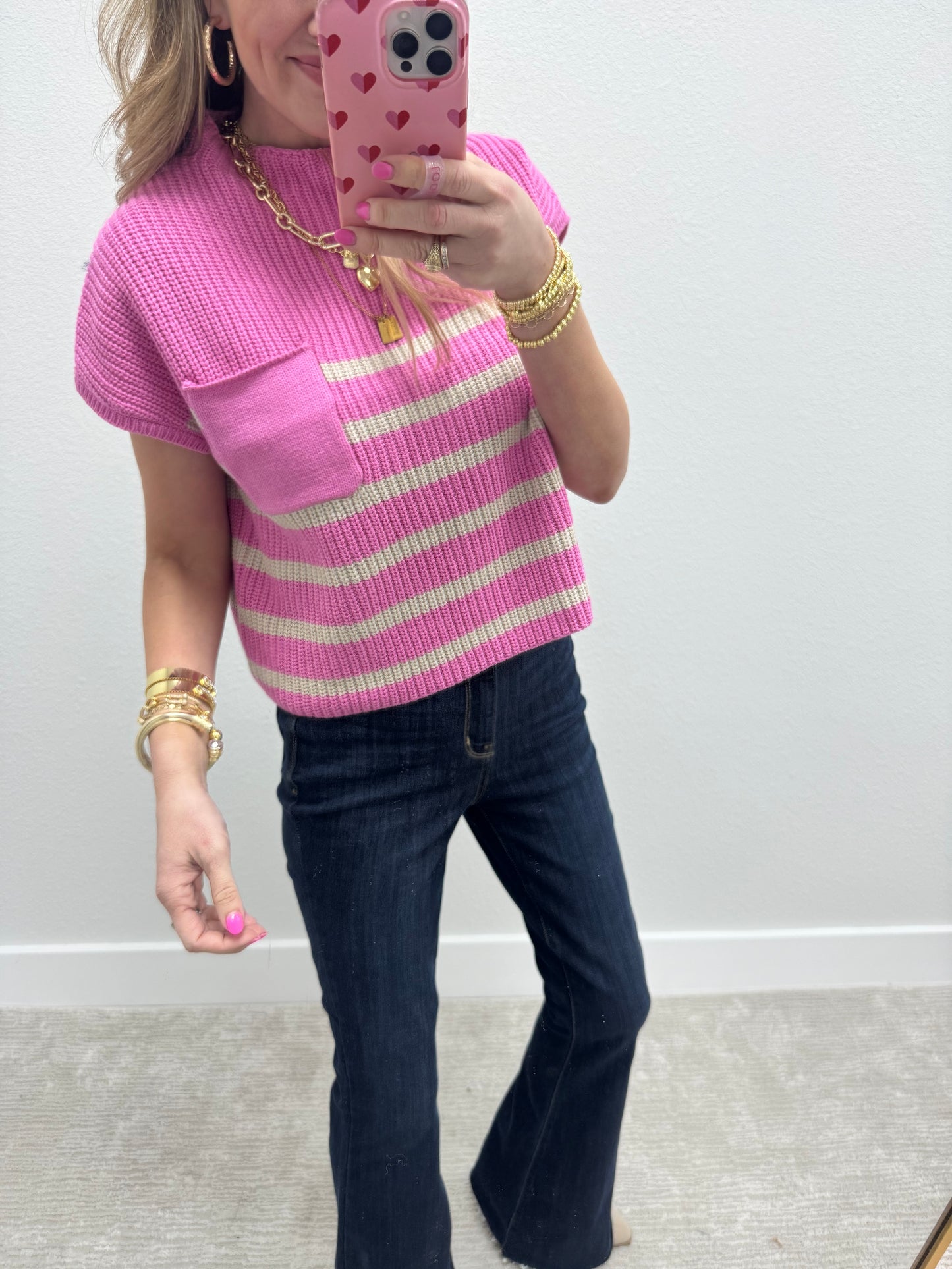 Pink & Cream Stripe Crop Short Sleeve Sweater Top