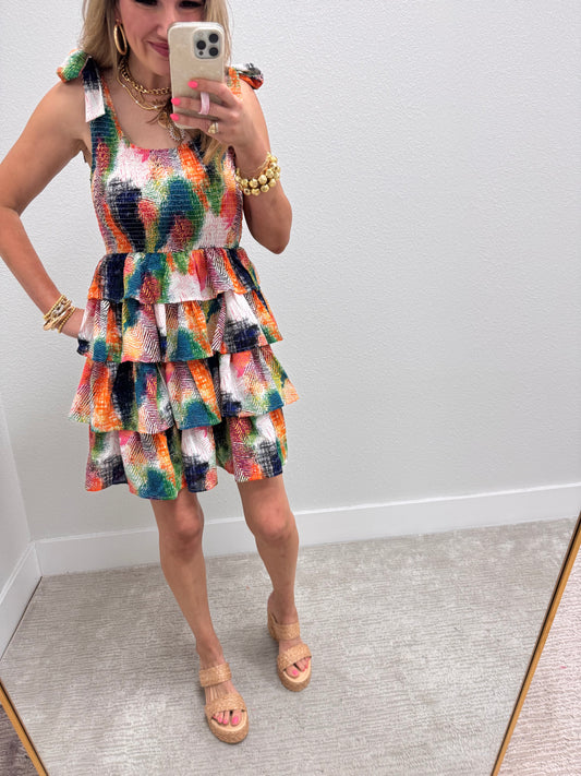 Multi Colored Tiered Tie Sleeve Dress