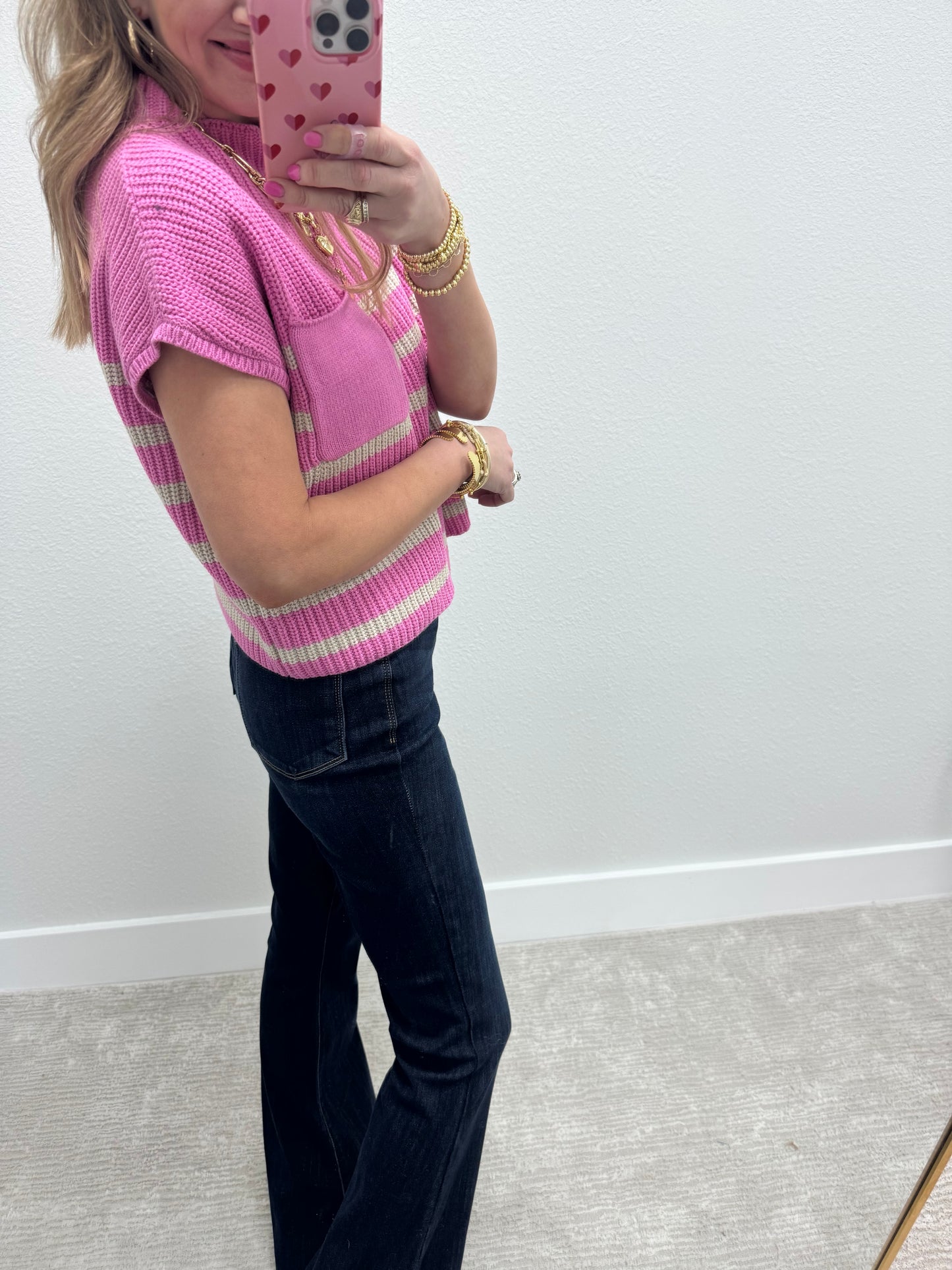 Pink & Cream Stripe Crop Short Sleeve Sweater Top