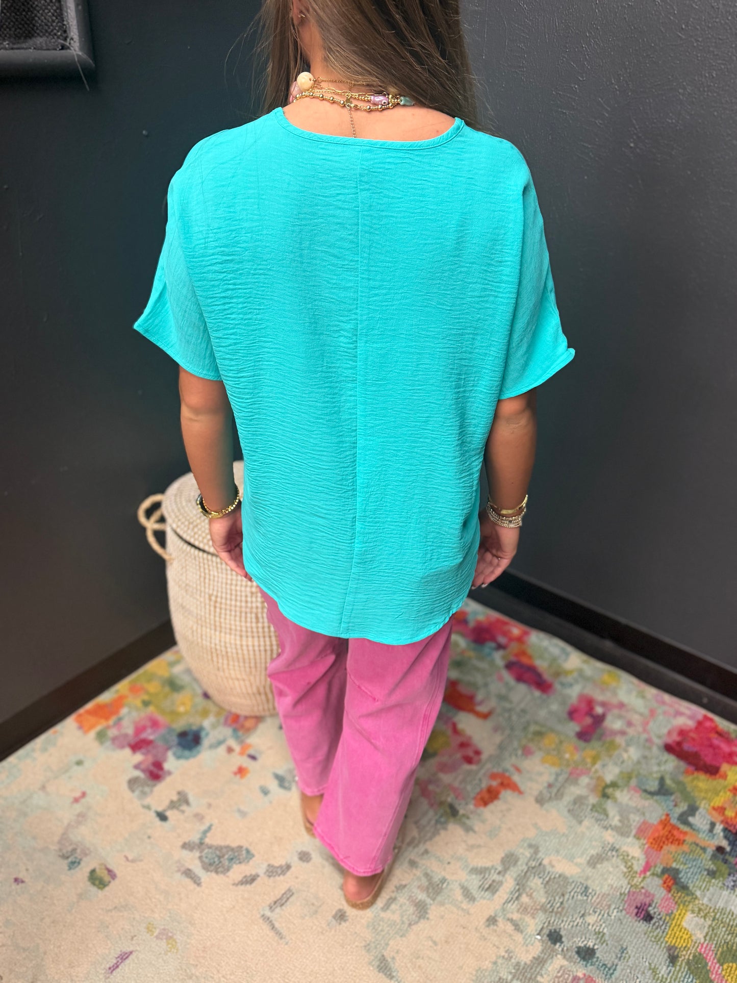 Turquoise Woven Airflow V-neck Short Sleeve Top