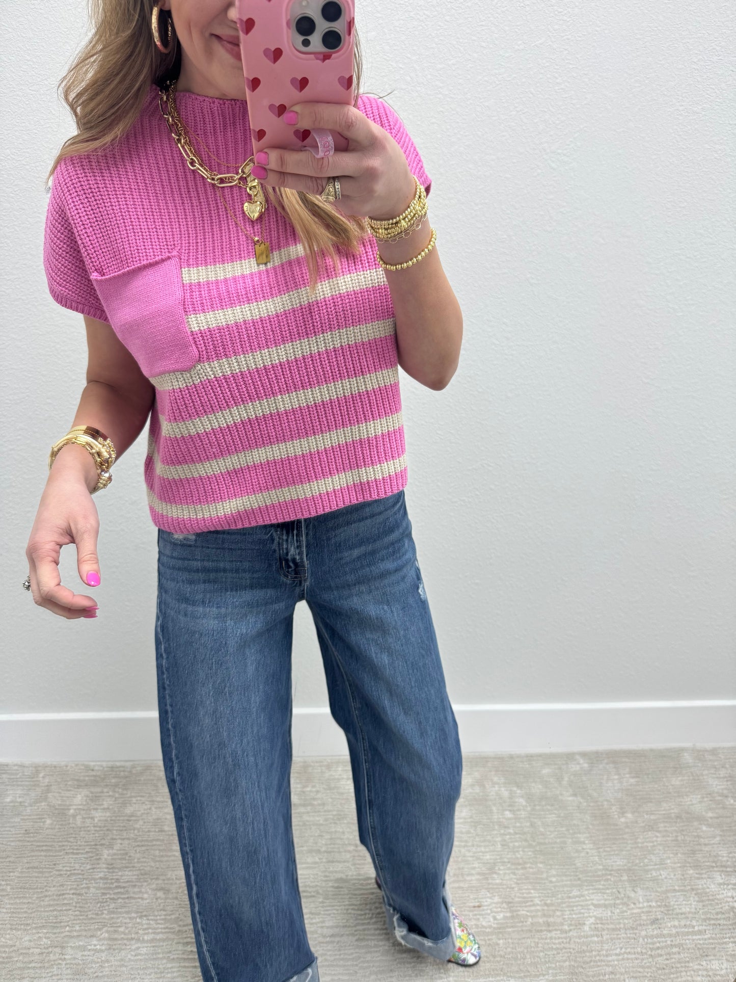 Pink & Cream Stripe Crop Short Sleeve Sweater Top