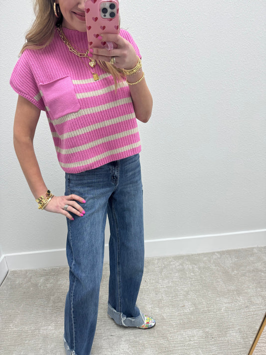 Pink & Cream Stripe Crop Short Sleeve Sweater Top