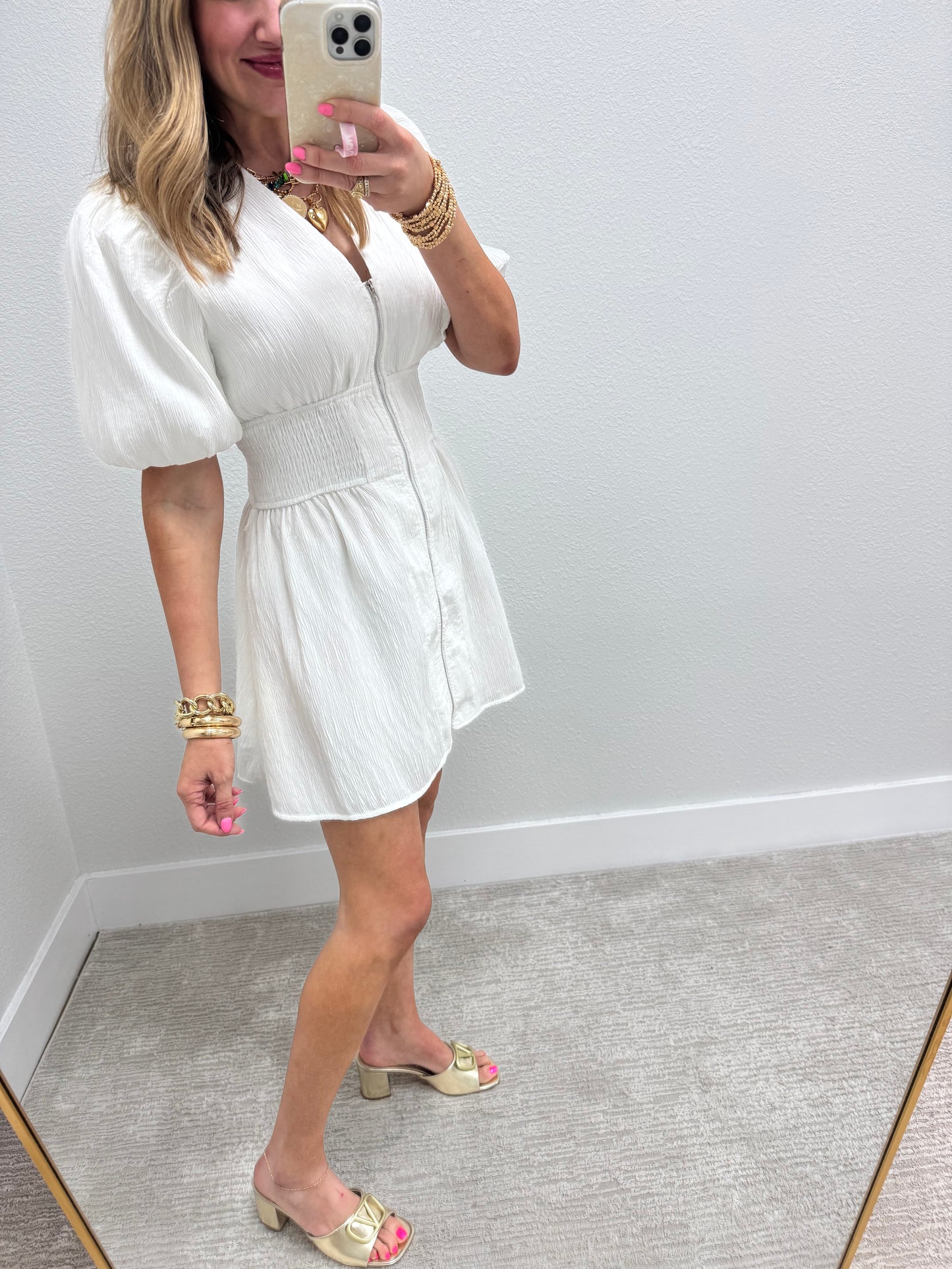 White V-Neck Puff Sleeve Front Zip Mini Dress