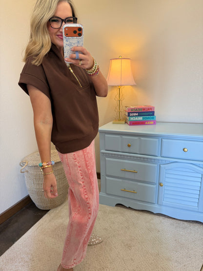Brown Ribbed High Neck Half Zip Top