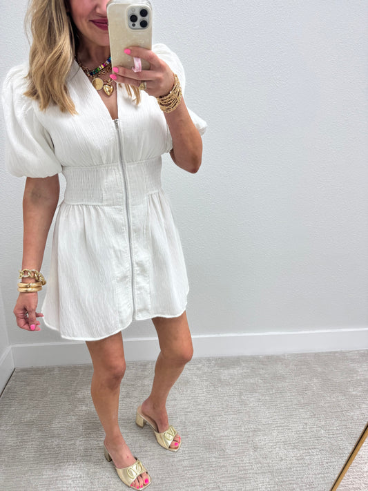 White V-Neck Puff Sleeve Front Zip Mini Dress