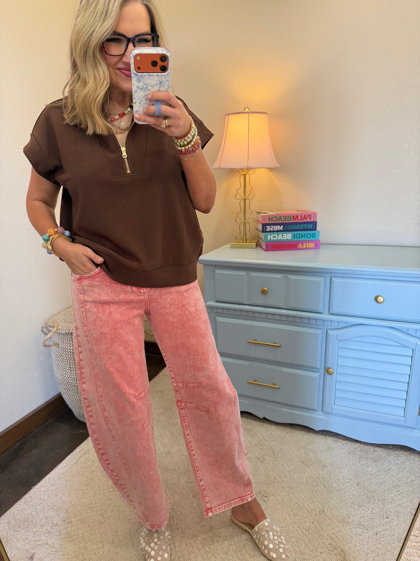 Brown Ribbed High Neck Half Zip Top