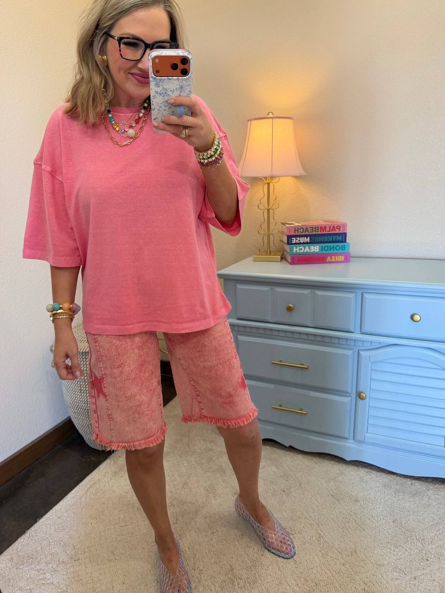 Taffy Pink Pigment Dye Oversized Half-sleeve T-shirt