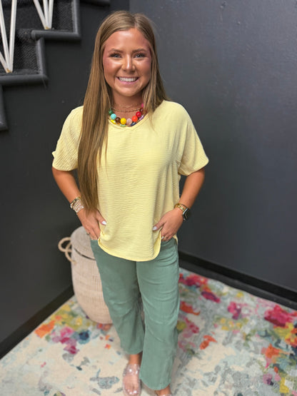 Butter Yellow Woven Airflow V-neck Short Sleeve Top