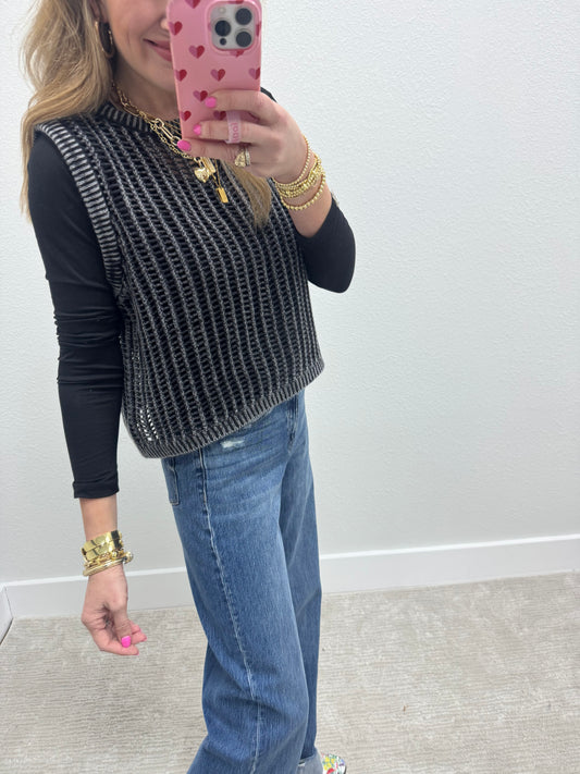 Washed Black Open Knit Sleeveless Top