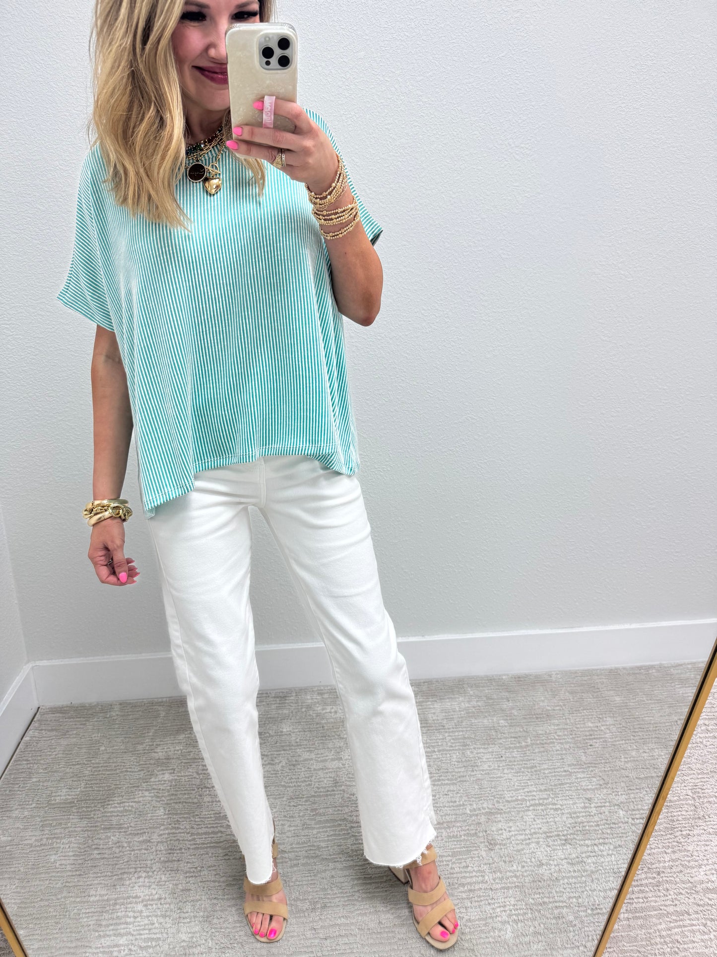 Turquoise  Ribbed Stripped Short Sleeve Top