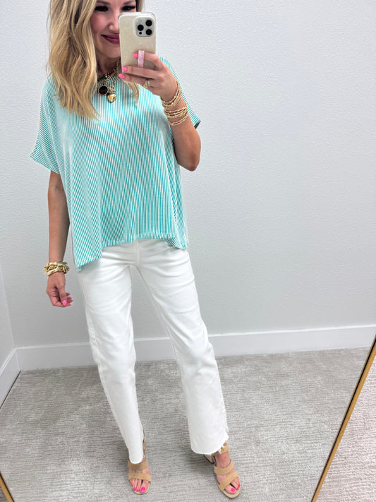 Turquoise  Ribbed Stripped Short Sleeve Top