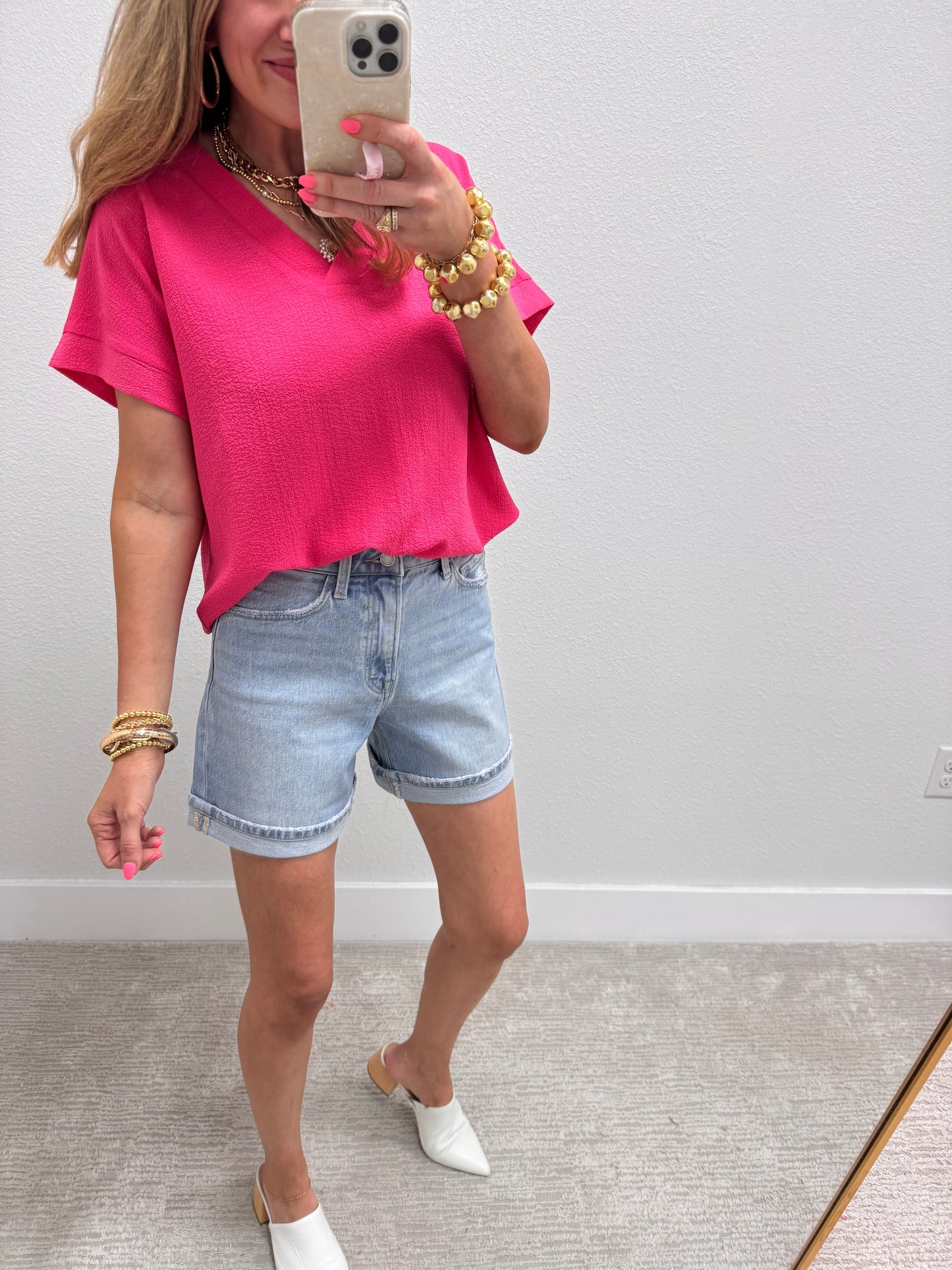 Fuchsia Crinkle Texture V-Neck Top