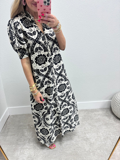 Black Puff Sleeve Button Down Maxi Dress with Ruffle Neck