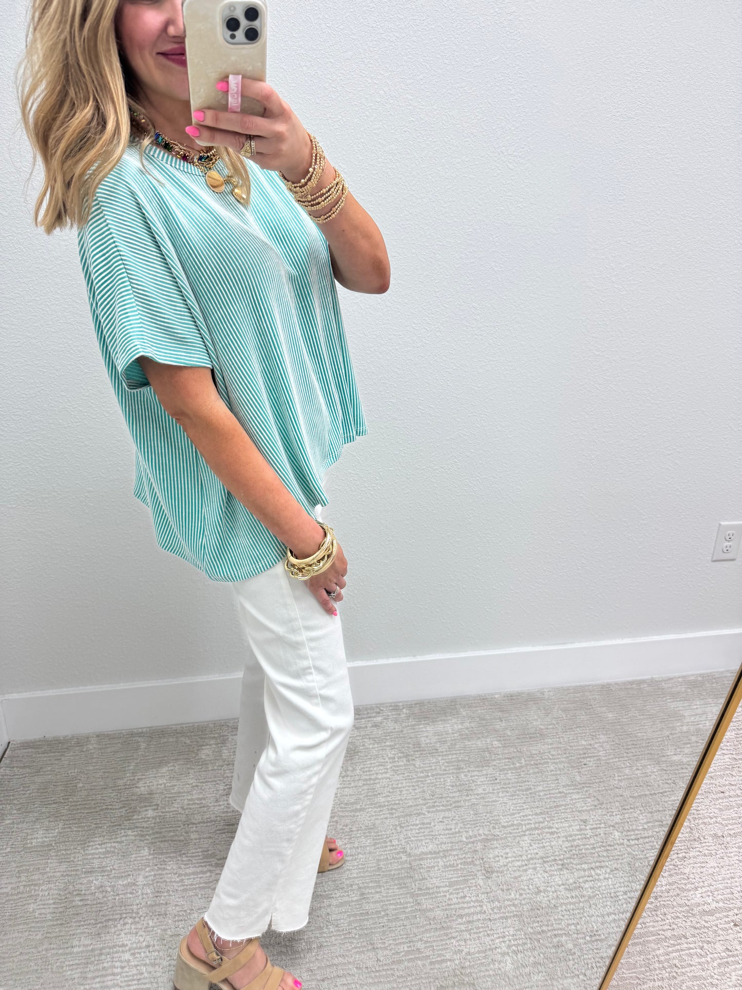 Turquoise  Ribbed Stripped Short Sleeve Top