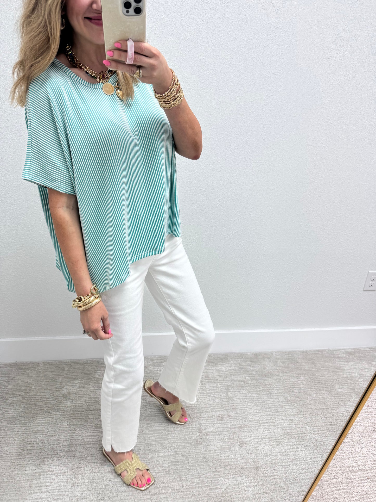 Turquoise  Ribbed Stripped Short Sleeve Top