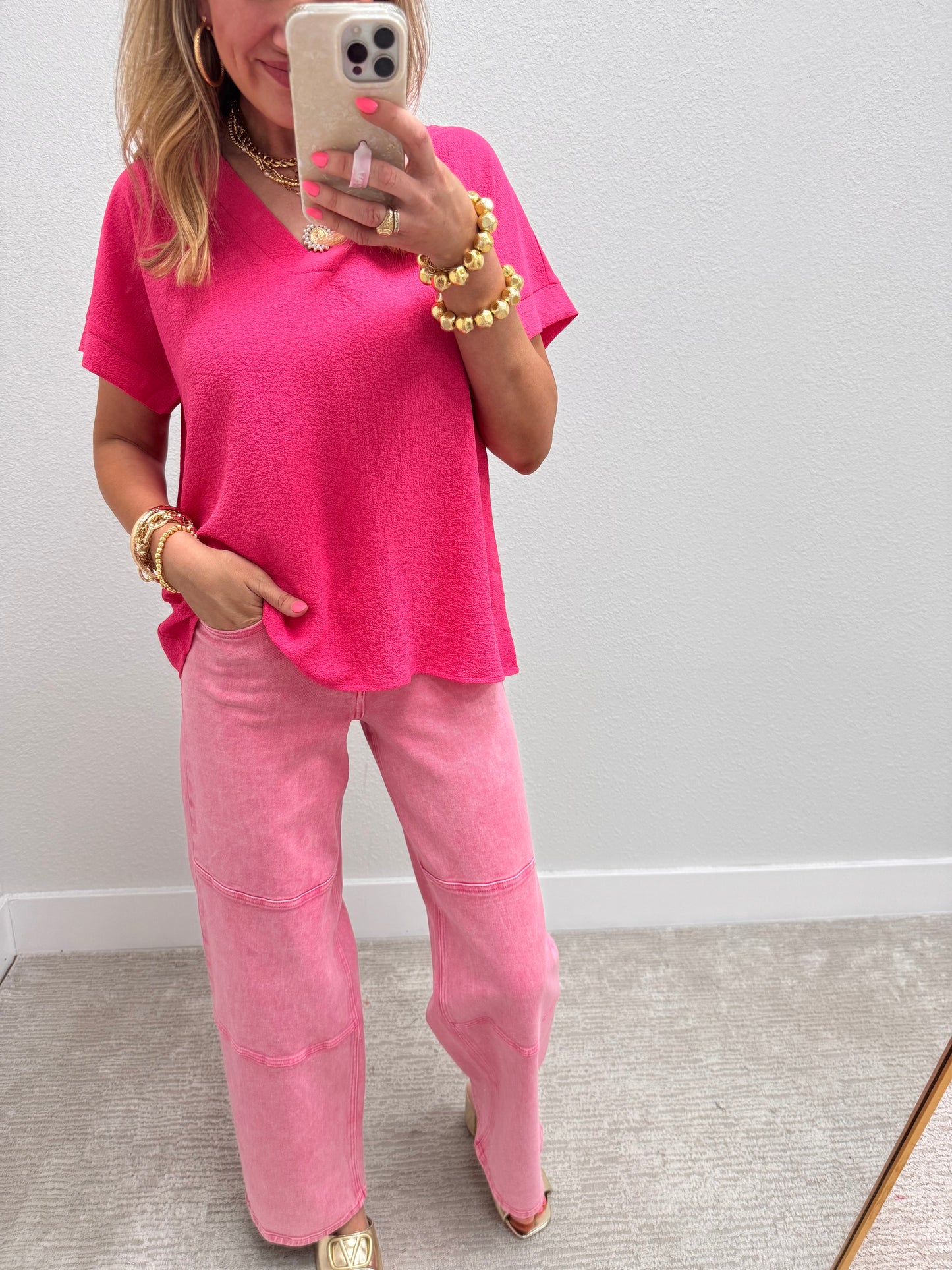 Fuchsia Crinkle Texture V-Neck Top