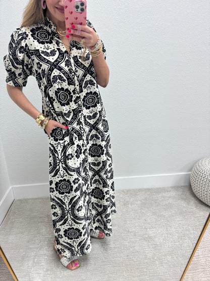 Black Puff Sleeve Button Down Maxi Dress with Ruffle Neck