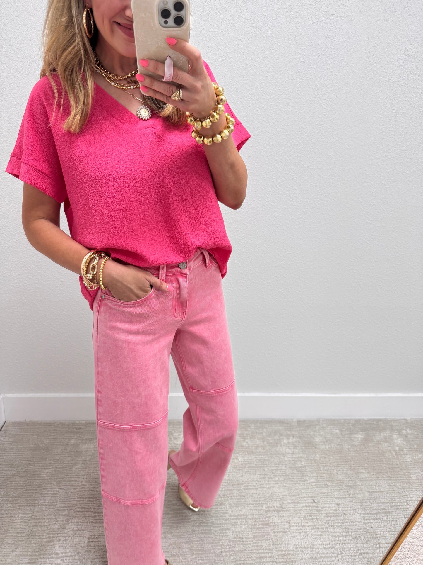 Fuchsia Crinkle Texture V-Neck Top