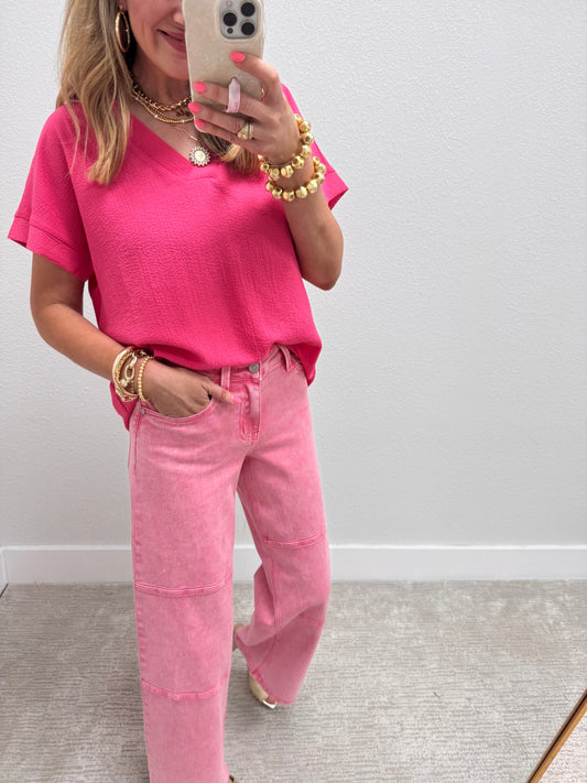 Fuchsia Crinkle Texture V-Neck Top