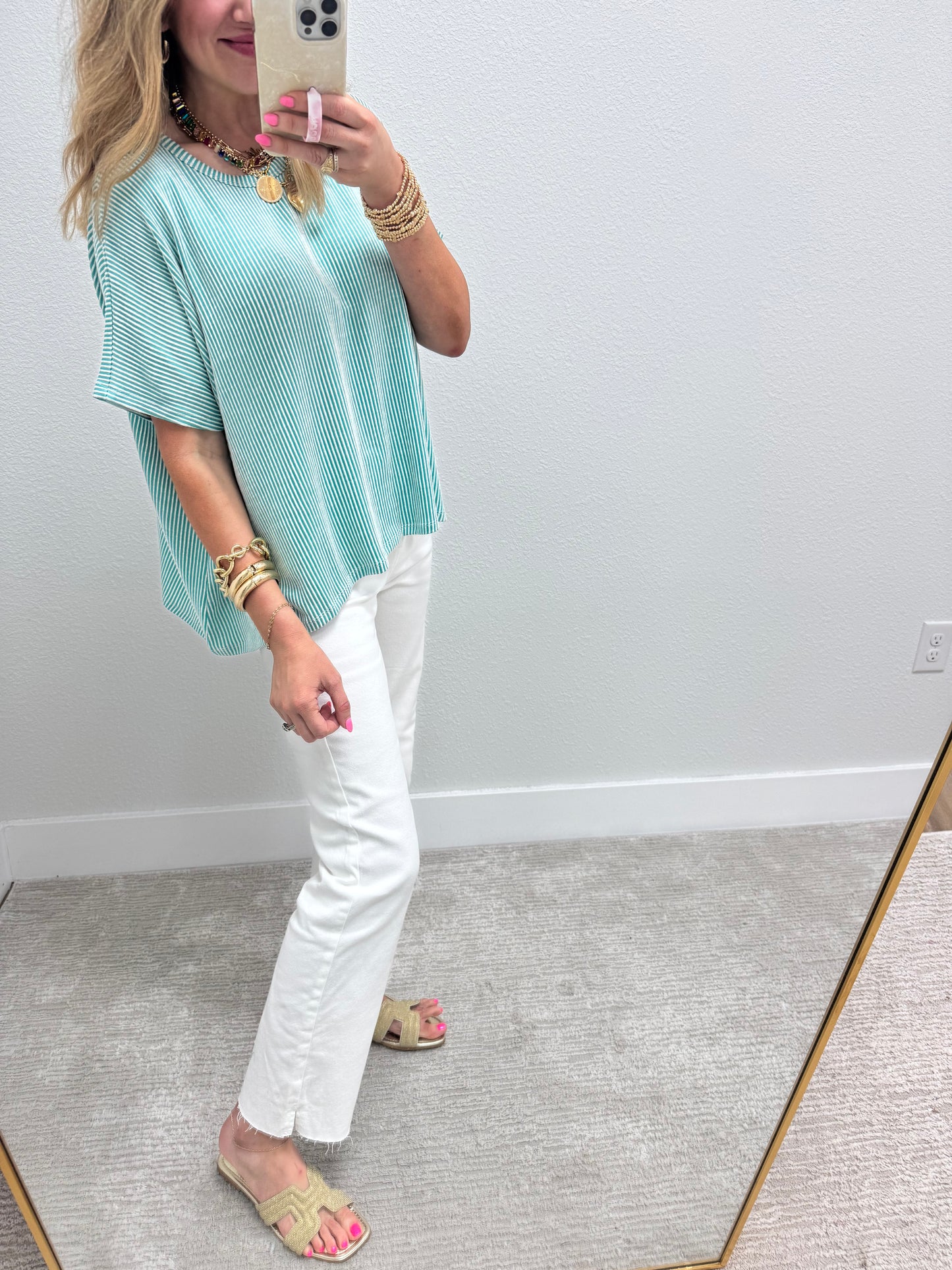 Turquoise  Ribbed Stripped Short Sleeve Top