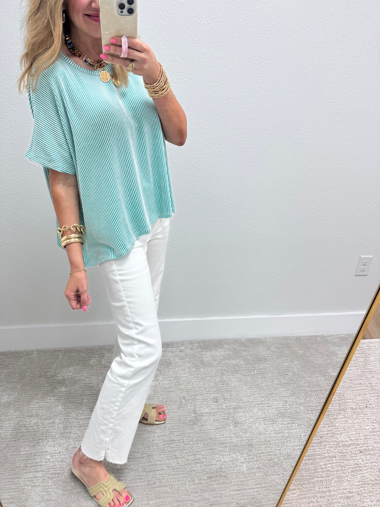 Turquoise  Ribbed Stripped Short Sleeve Top