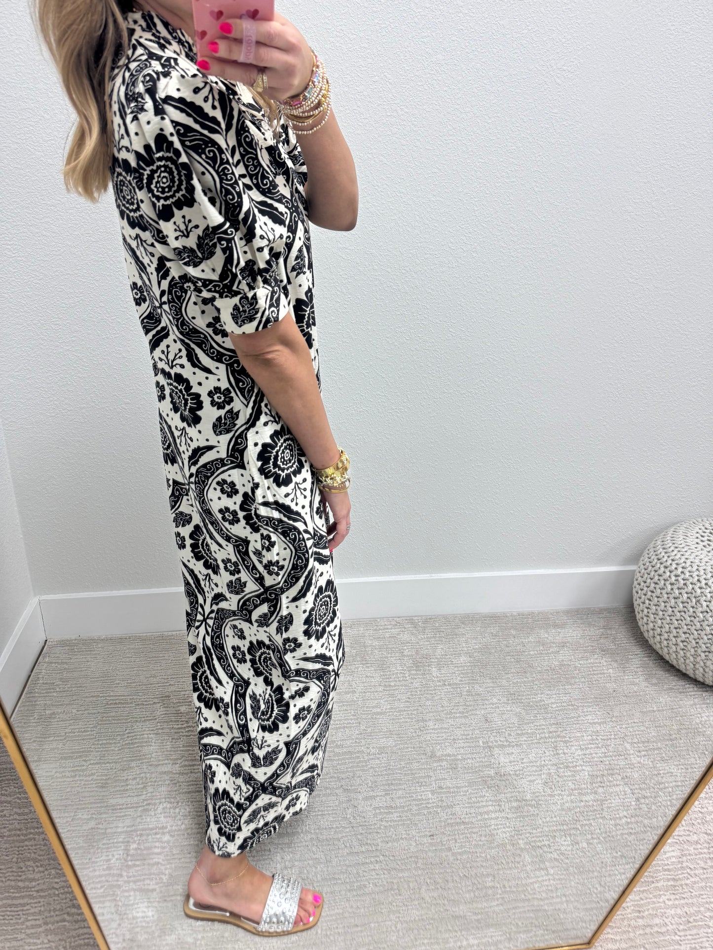 Black Puff Sleeve Button Down Maxi Dress with Ruffle Neck