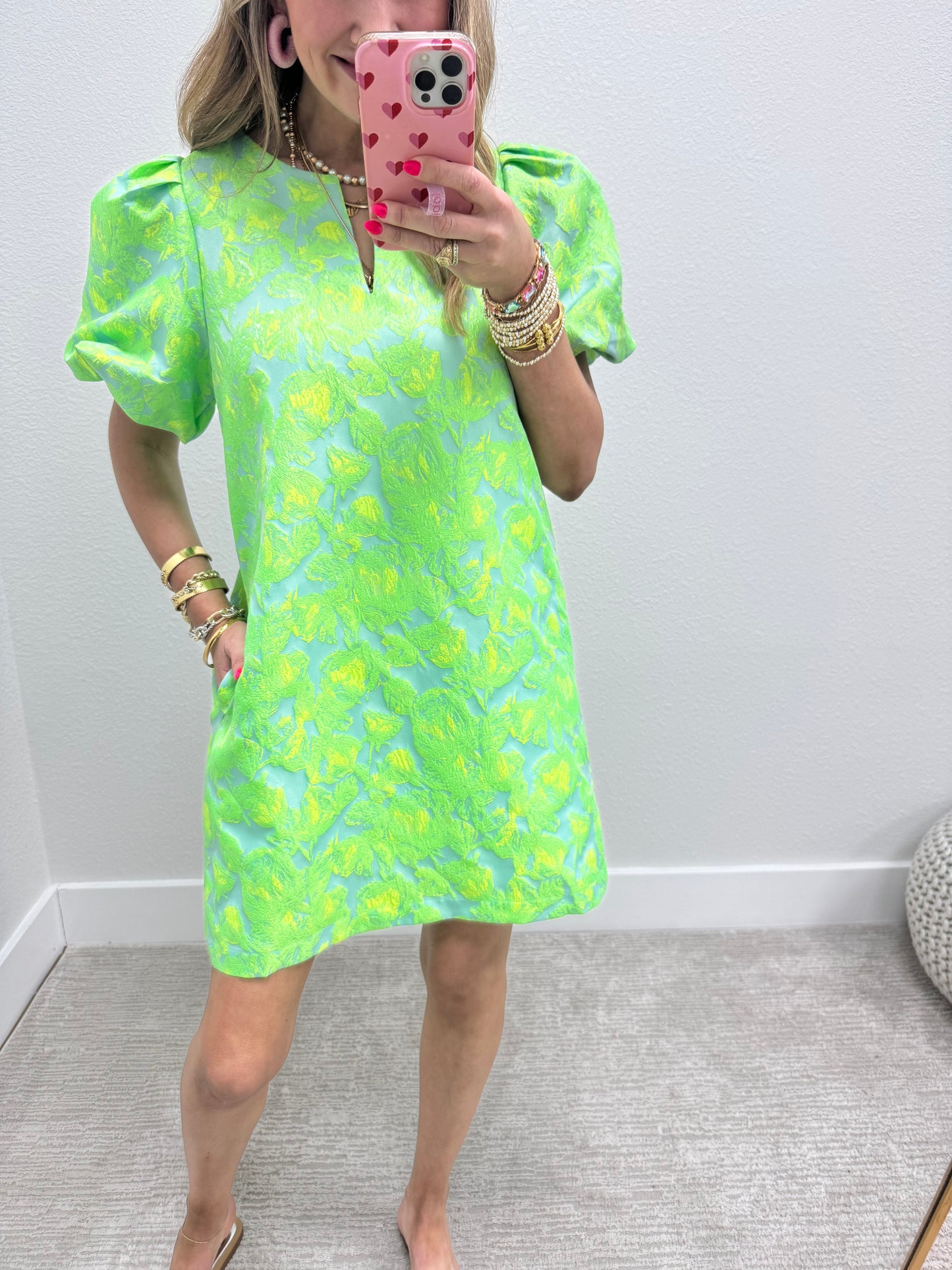 Green and Yellow Neon Floral Puff Sleeve Dress