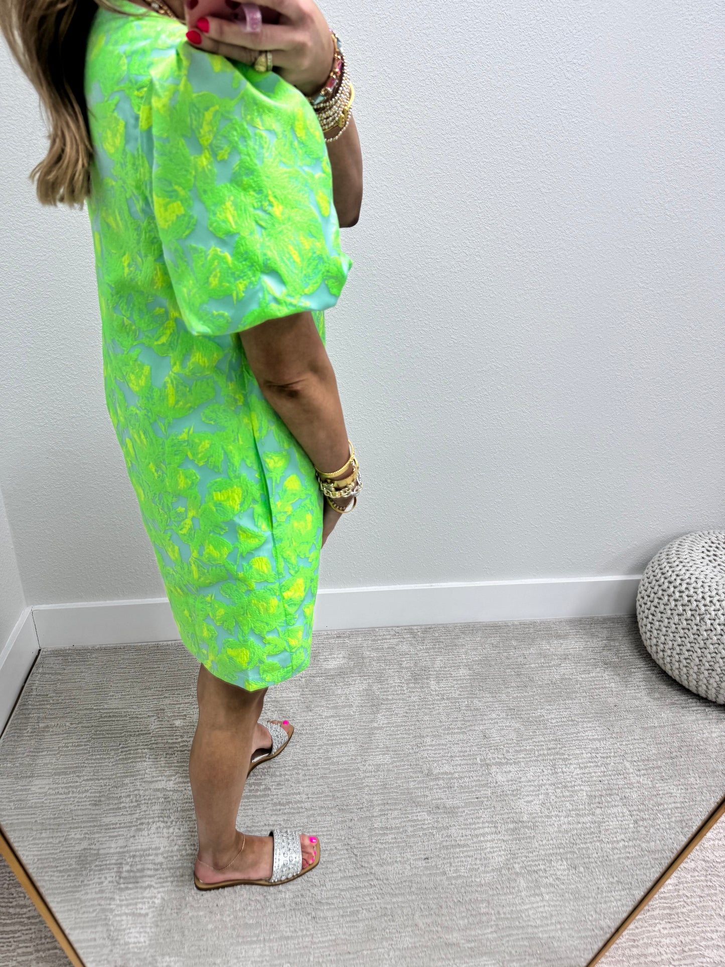Green and Yellow Neon Floral Puff Sleeve Dress