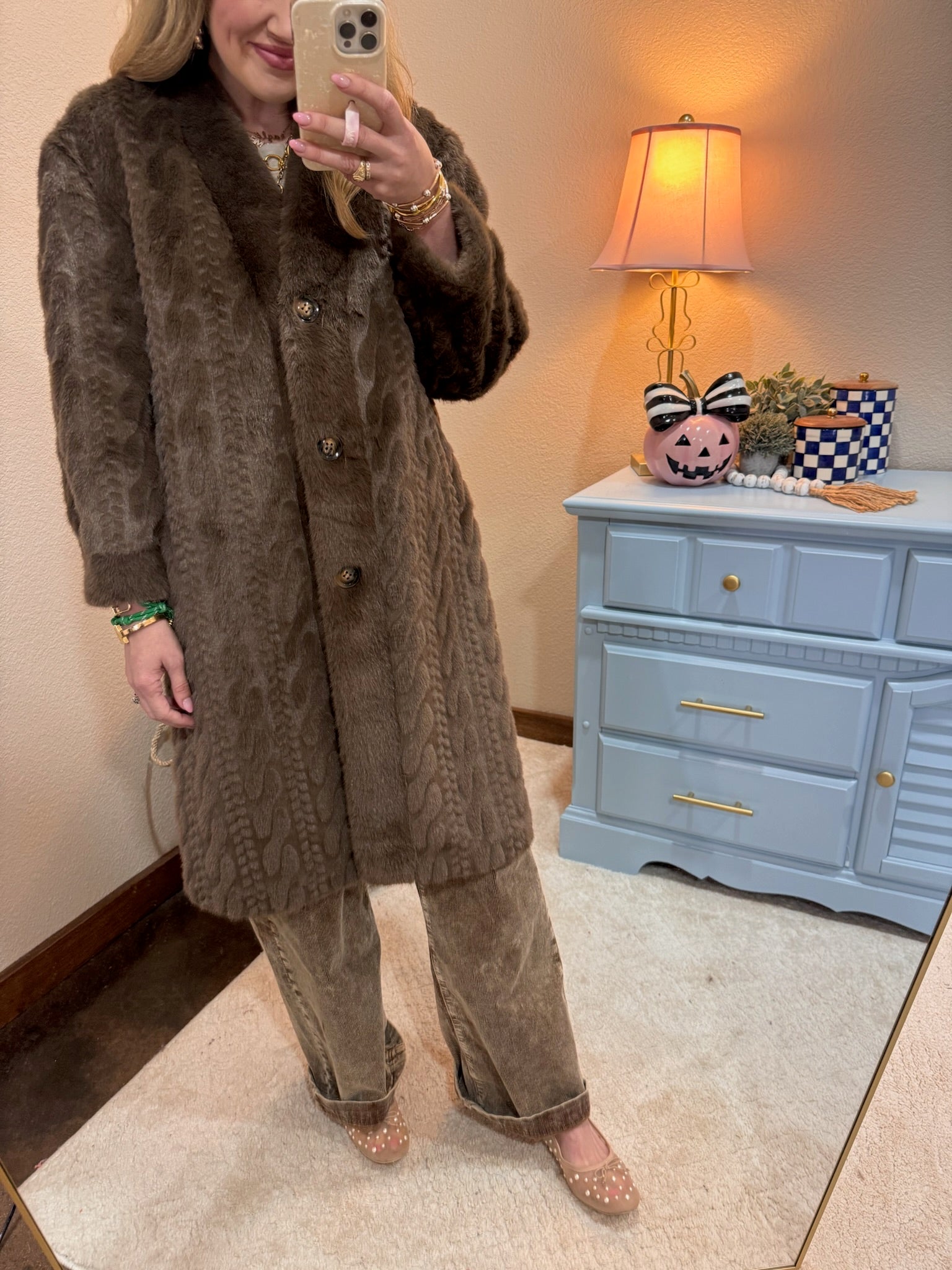  Brown Full Sleeve Fuzzy Fur Coat Long Length