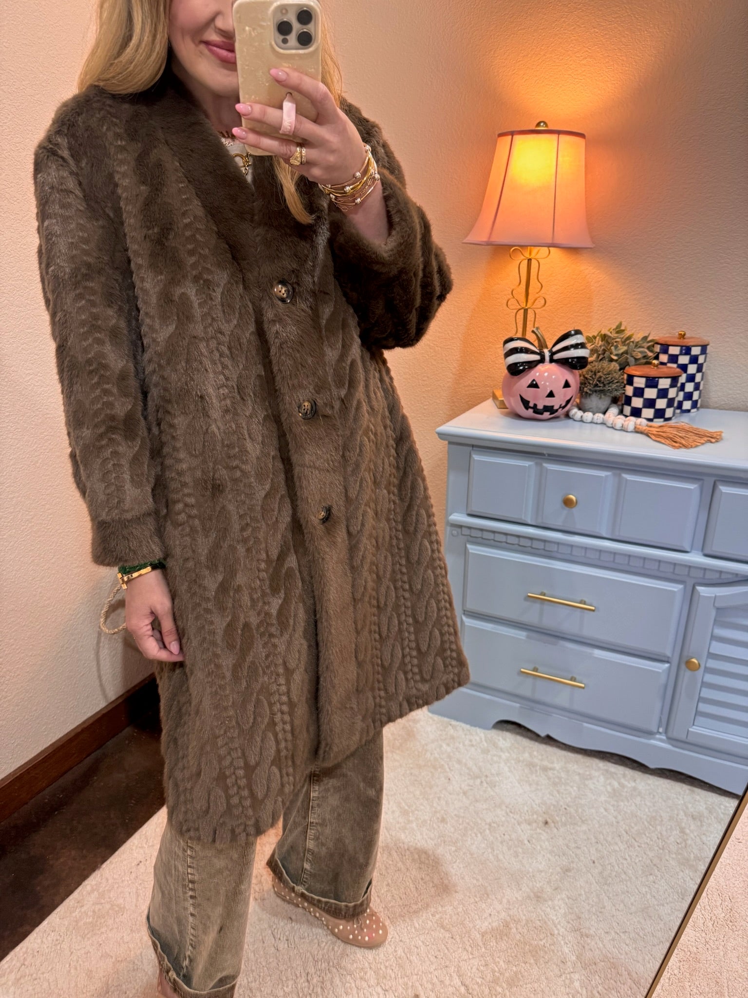  Brown Full Sleeve Fuzzy Fur Coat Long Length