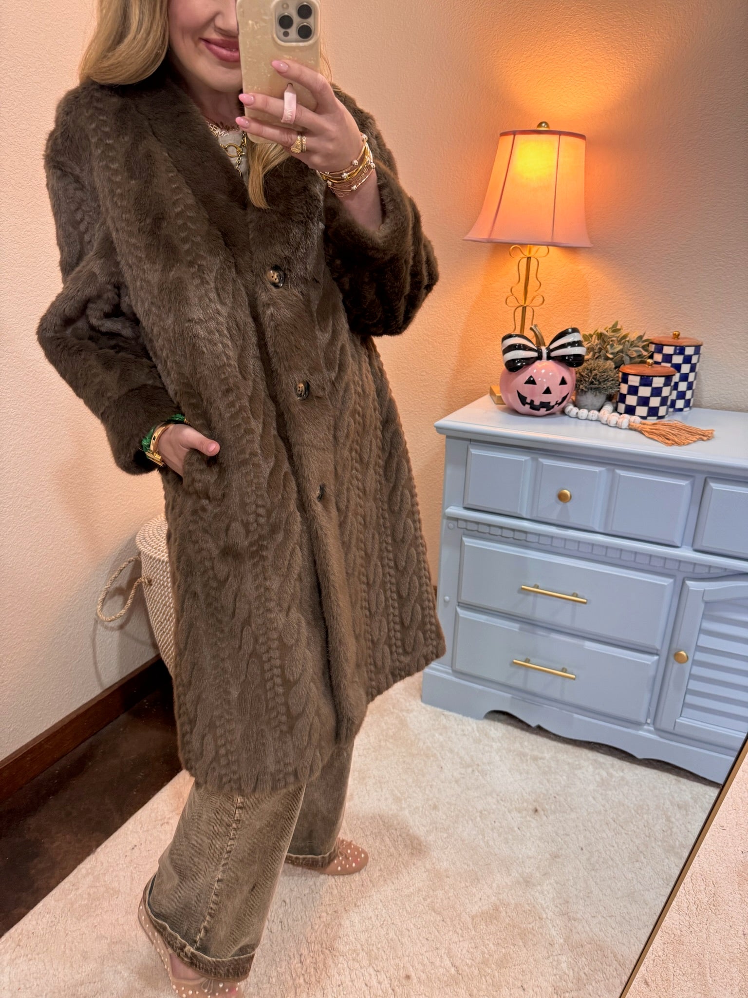  Brown Full Sleeve Fuzzy Fur Coat Long Length
