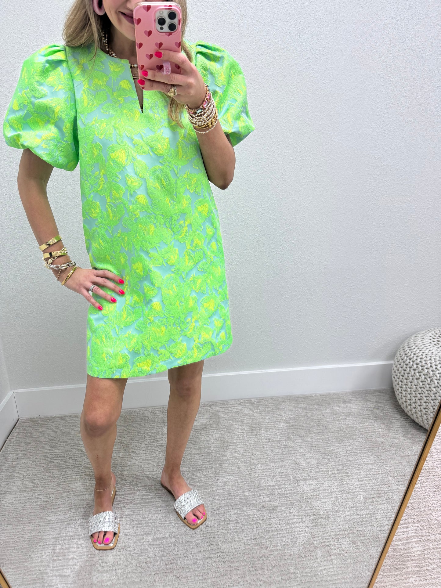 Green and Yellow Neon Floral Puff Sleeve Dress