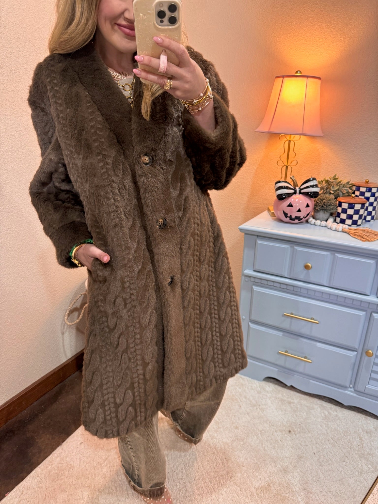  Brown Full Sleeve Fuzzy Fur Coat Long Length