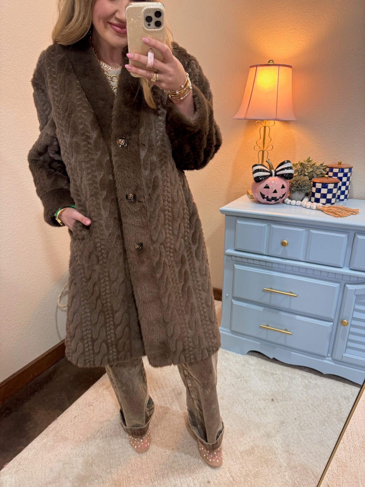  Brown Full Sleeve Fuzzy Fur Coat Long Length