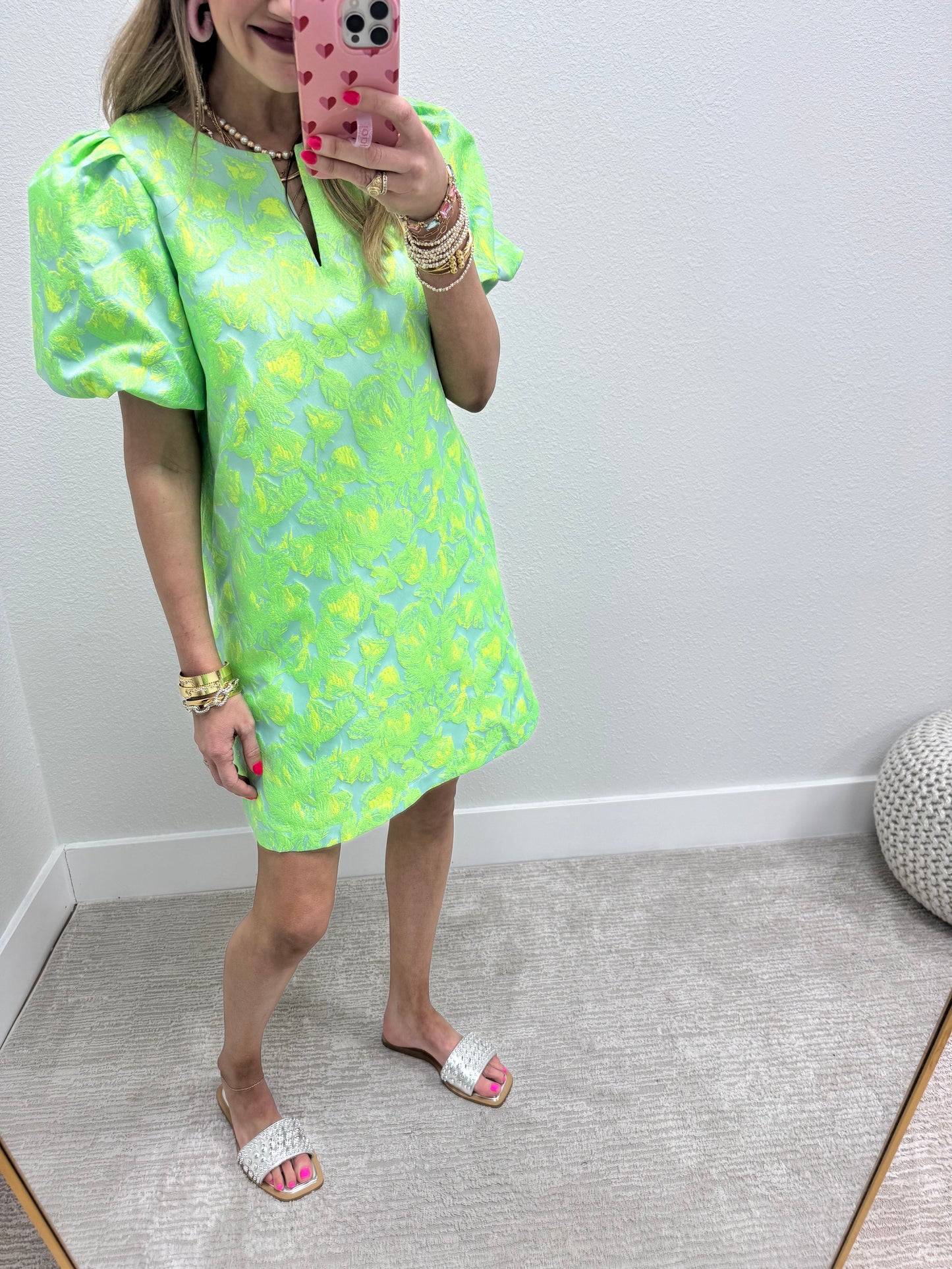 Green and Yellow Neon Floral Puff Sleeve Dress