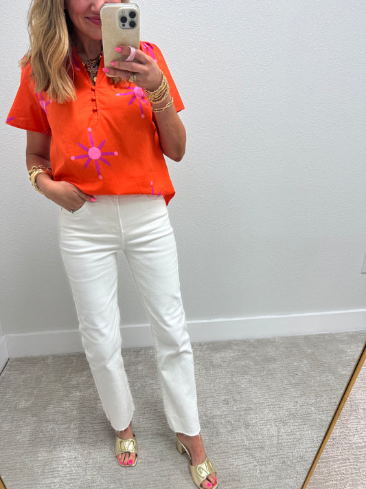 Orange Split Neck Top with Button Detail