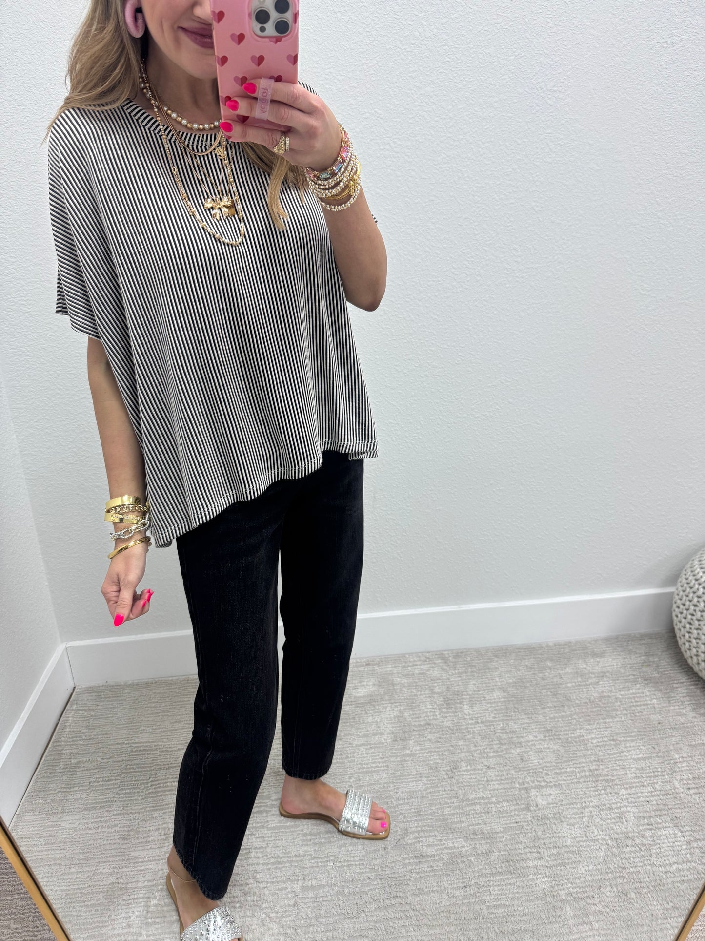 Black Ribbed Stripped Short Sleeve Top