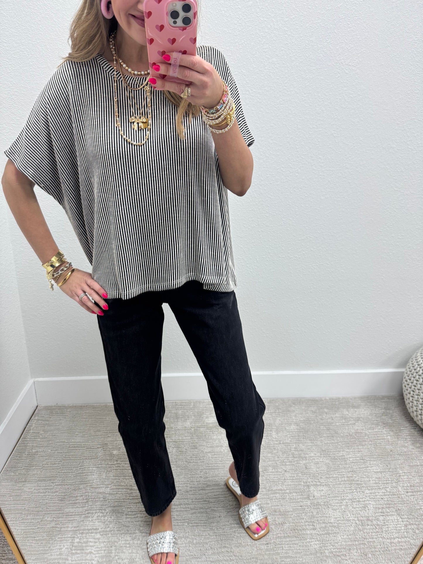 Black Ribbed Stripped Short Sleeve Top