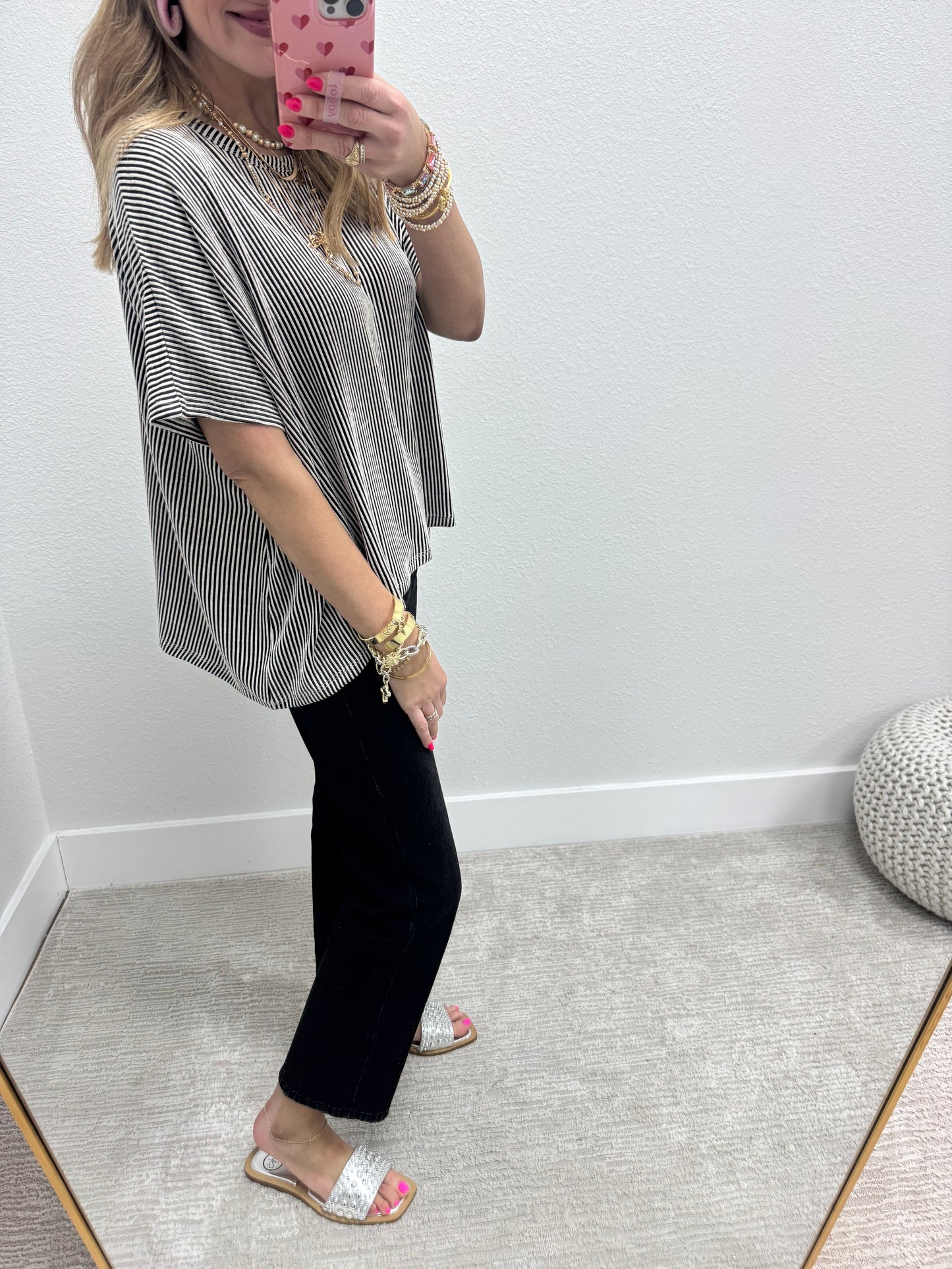 Black Ribbed Stripped Short Sleeve Top