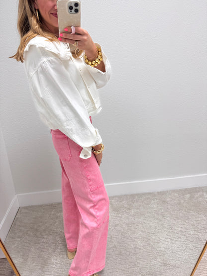 White Denim Collard Design Jacket