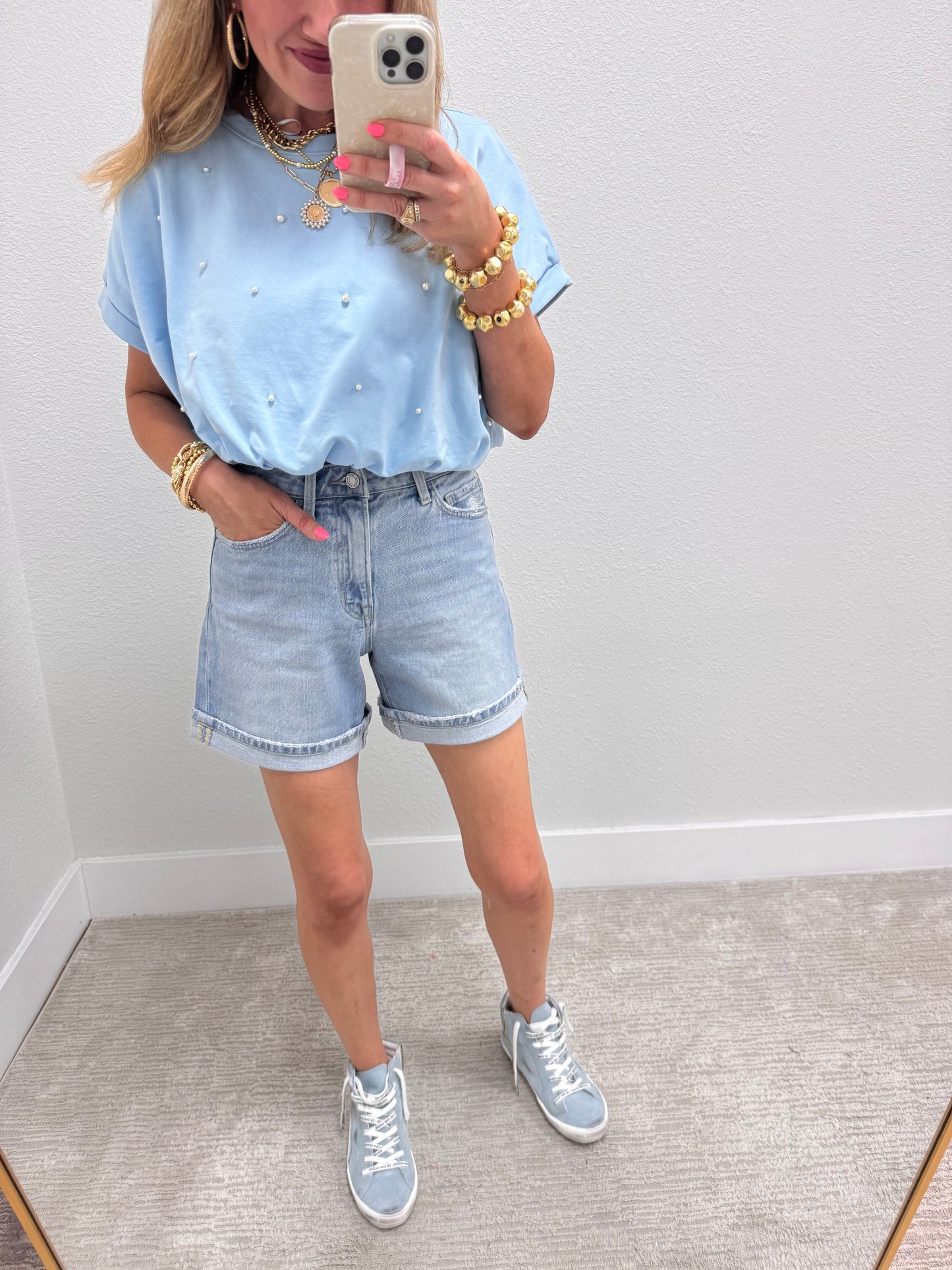 Vervet Light Denim Midi Shorts
