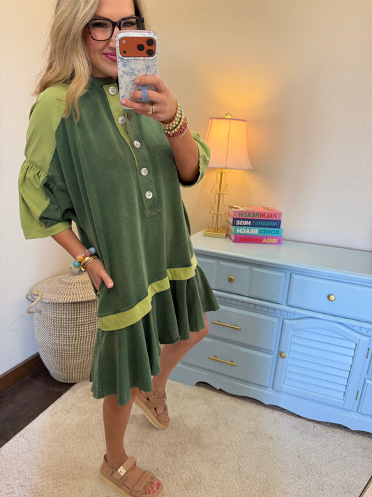 Green Button Front Dress With Ruffle Hem