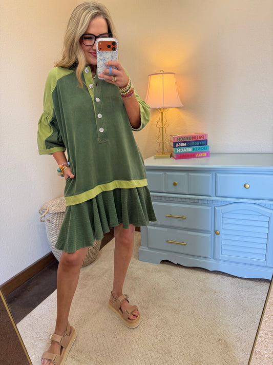 Green Button Front Dress With Ruffle Hem