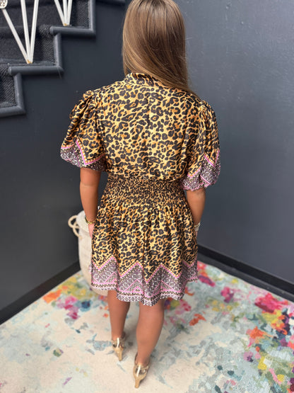 Leopard Print Cinched Waist V-Neck Dress