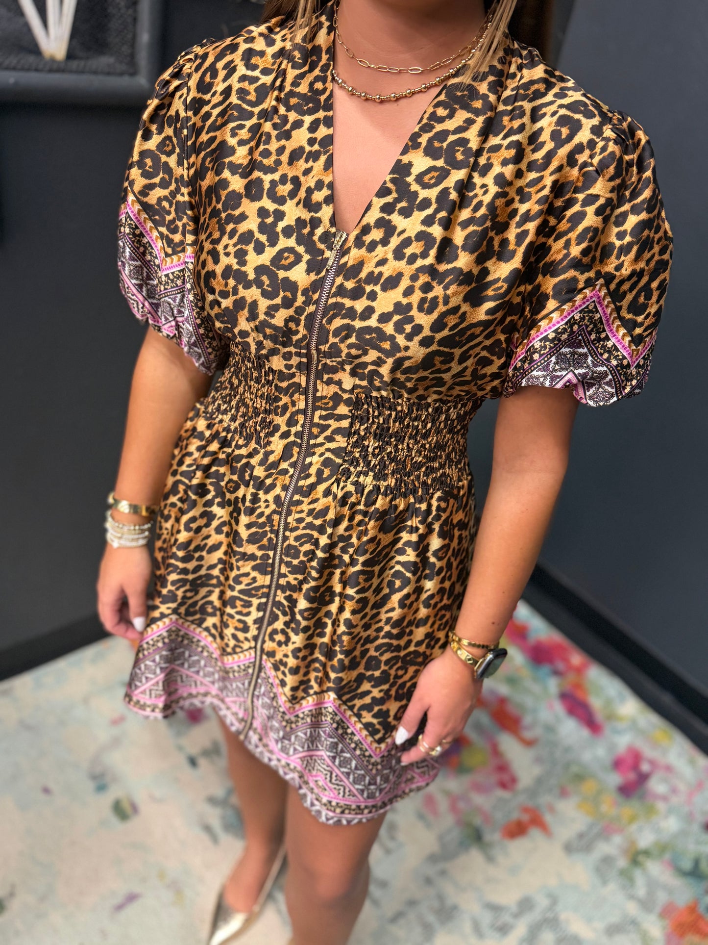 Leopard Print Cinched Waist V-Neck Dress