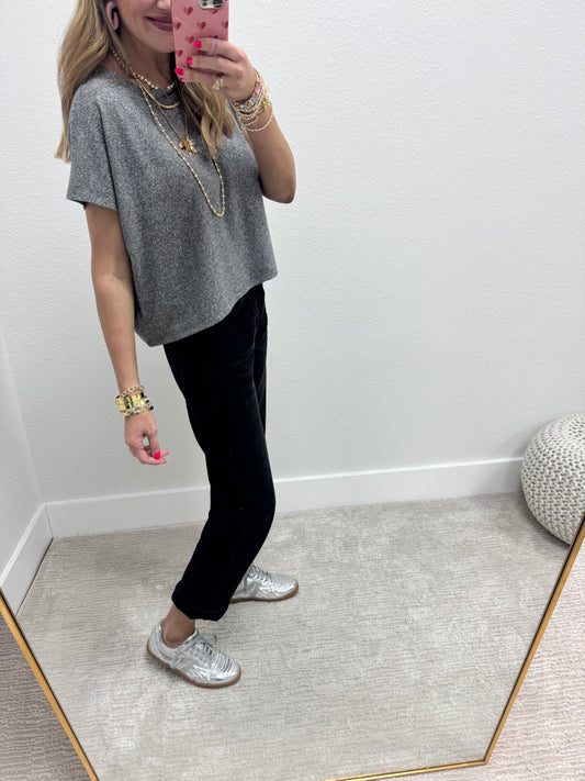 Black Melange Super Soft Crop Short Sleeve