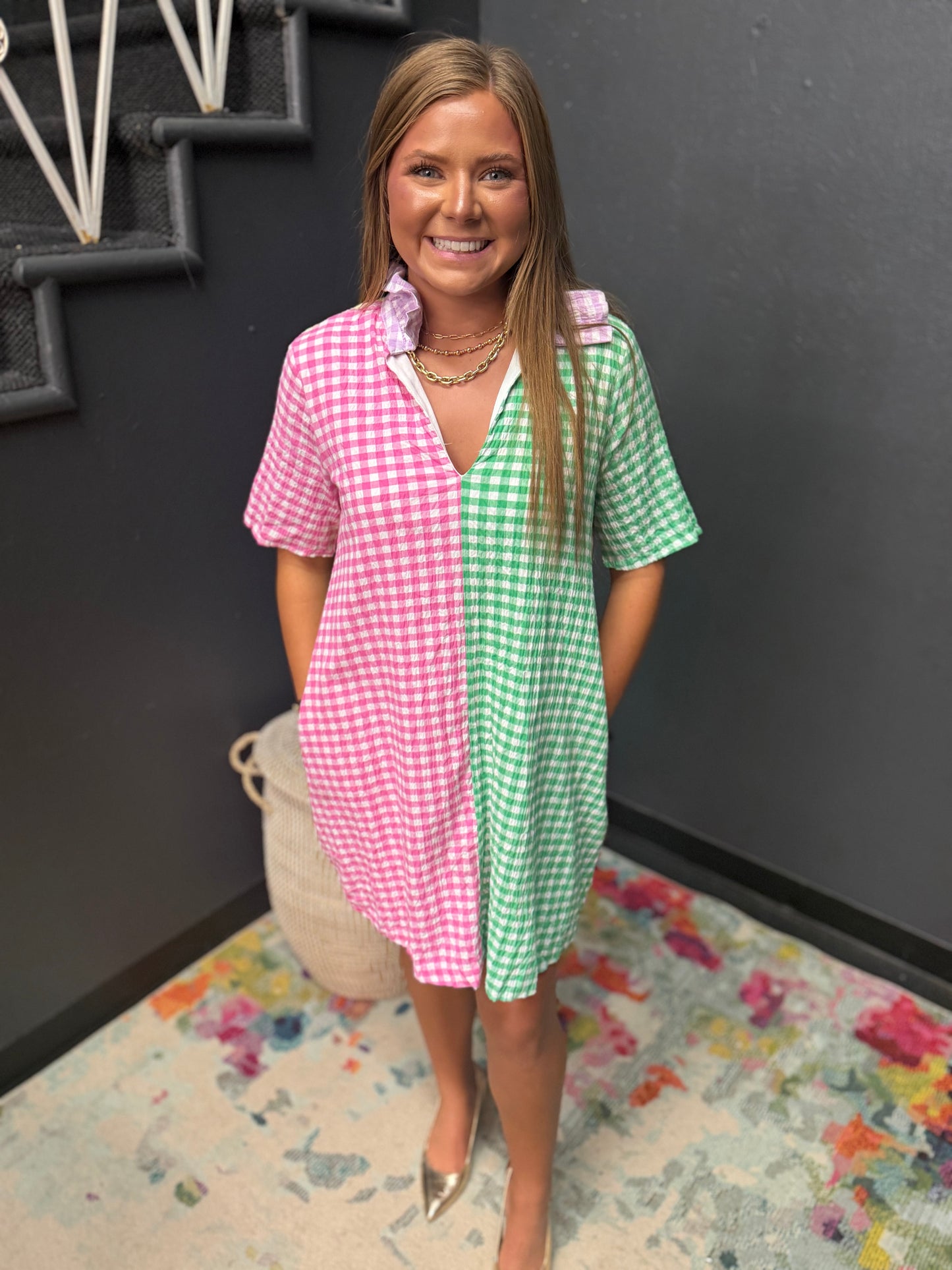 Adrienne Multi Sheer Gingham Ruffle Collar A Line Dress