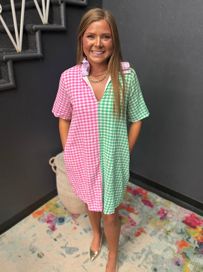 Adrienne Multi Sheer Gingham Ruffle Collar A Line Dress