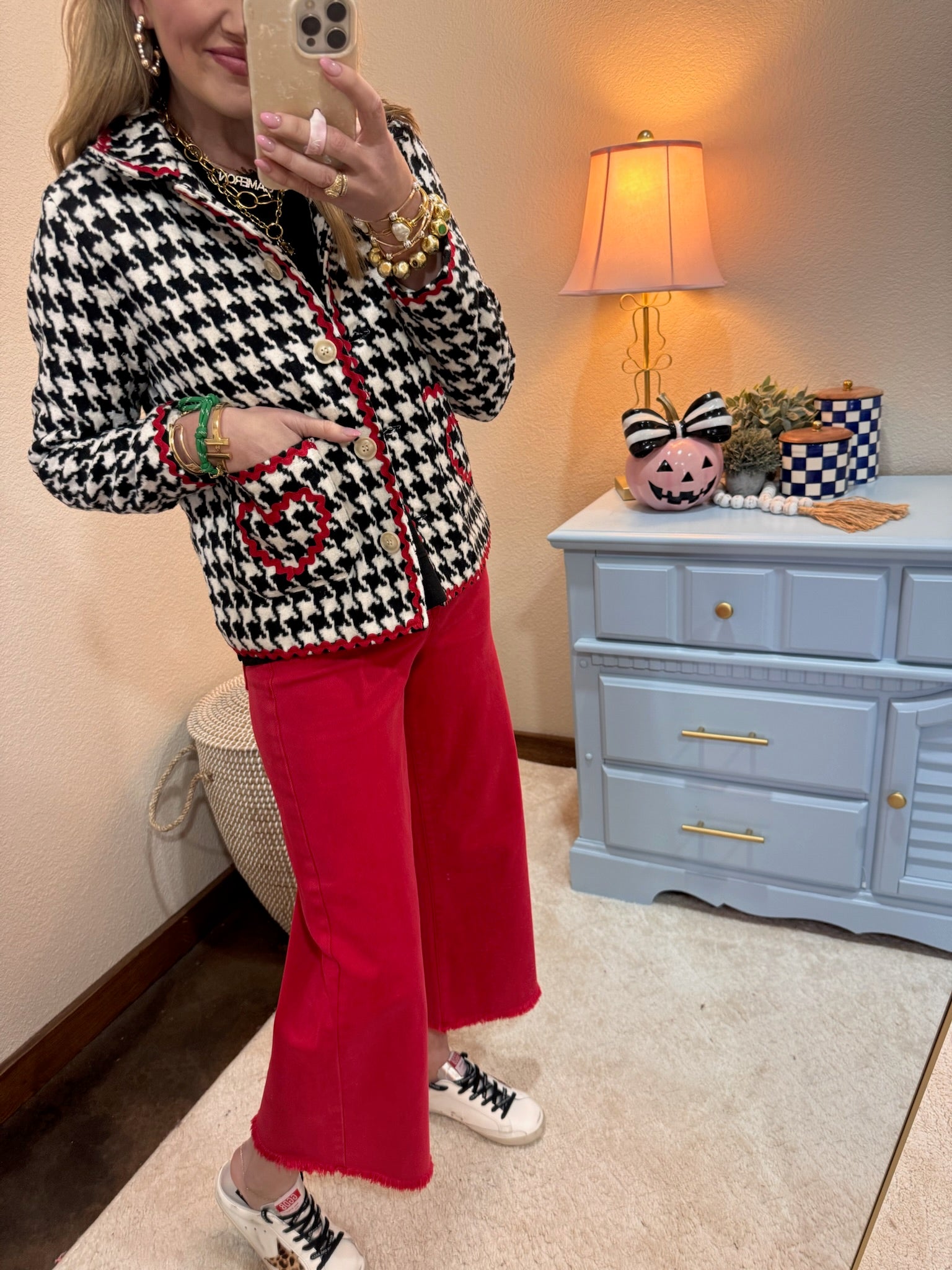  Zig Zag Red Trim Tape Detailed Hounds-tooth Button Front Jacket
